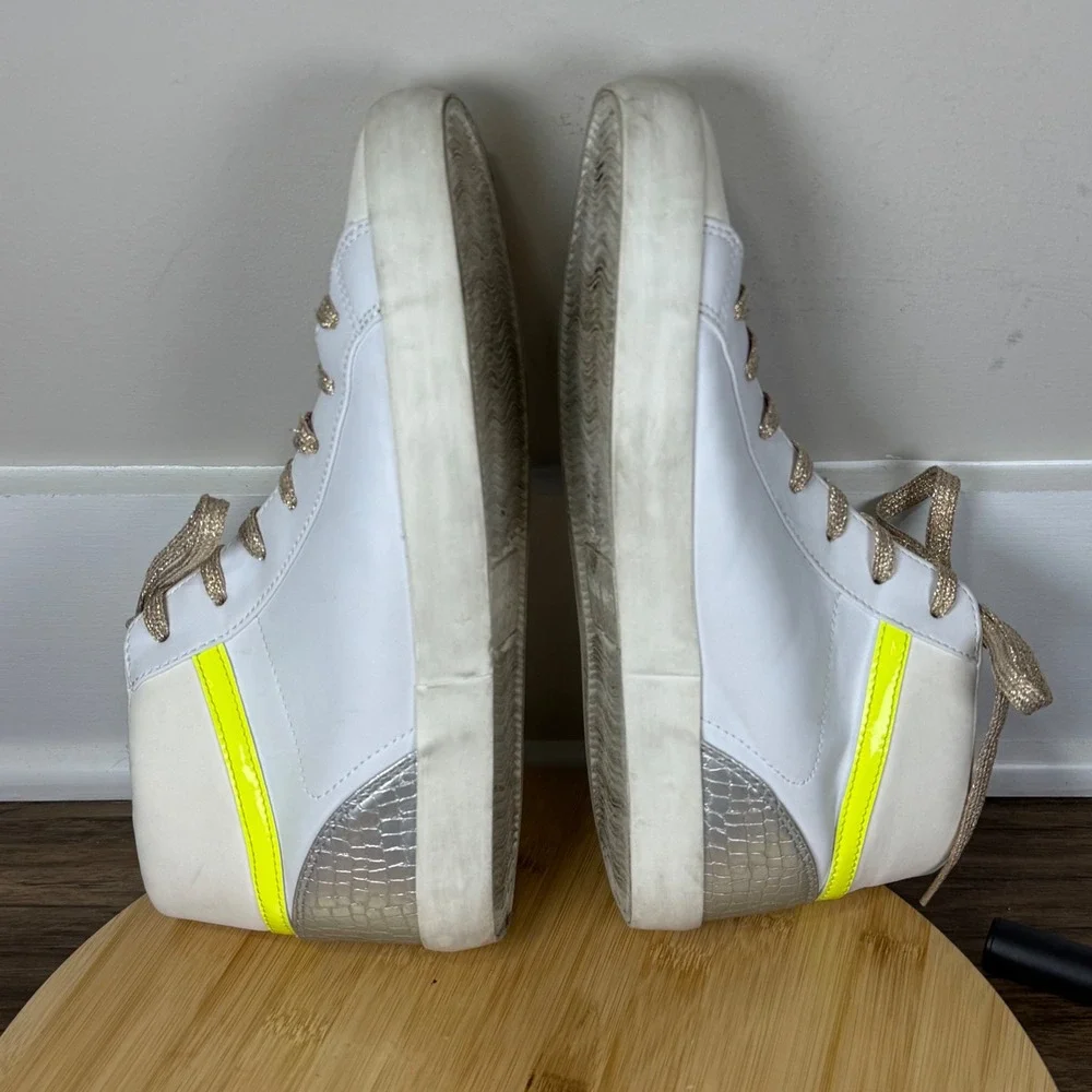 Nine West High Top Sneakers Womens 9 White Neon Pink Yellow Silver Heel Good 80